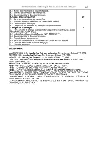 CENTRO FEDERAL DE EDUCAÇÃO TECNOLÓGICA DE PERNAMBUCO 165 
5.3. divisão das instalações e esquematização. 
5.4. Sistema de iluminação de emergência. 
5.5. Diagrama unifilar e dimensionamentos. 
6. Projeto Elétrico Industrial. 
6.1. Aspectos construtivos das instalações. 
6.2. Sistemas de Alimentação elétrica (diagrama de blocos). 
6.3. Levantamentos de cargas. 
6.4. Designação do comando, da proteção e diagrama unifilar. 
7. Projeto de Subestação. 
7.1. Fornecimento de energia elétrica em tensão primária de distribuição classe 15kV(Norma CELPE DA 30.23). 
7.2. Instalações elétricas de Alta Tensão (NBR 14039/ABNT). 
7.3. Diagrama unifilar e dimensionamentos. 
7.4. Disposição dos equipamentos. 
7.5. Aspectos construtivos de Subestações abrigadas (esboço cotado). 
7.6. Detalhes construtivos do ramal de ligação. 
7.7. Memorial descritivo. 
20 
24 
BIBLIOGRAFIA: 
MAMEDE FILHO, João. Instalações Elétricas Industriais. Rio de Janeiro: Editora LTC, 2002. 
CREDER, Hélio. Instalações Elétricas, Rio de Janeiro: Editora LTC, 1979. 
NISKIER, Julio. Instalações Elétricas. Rio de Janeiro: Editora LTC,1996. 
LIMA FILHO, Domingos Leite. Projeto de Instalações Elétricas Prediais. 8ª edição. São Paulo: Editora Érica, 2003. 
NBR 5410/04 - INSTALAÇÕES ELÉTRICAS DE BAIXA TENSÃO - ABNT. 
NBR 14039 - INSTALAÇÕES ELÉTRICAS DE ALTA TENSÃO – ABNT. 
NBR 5444, SÍMBOLOS GRÁFICOS PARA INSTALAÇÕES PREDIAIS. 
NBR 5419, PROTEÇÃO DE ESTRUTURAS CONTRA DESCARGAS ATMOSFÉRICAS. 
DA30.18/CELPE - NORMA PARA FORNECIMENTO DE ENERGIA ELÉTRICA EM TENSÃO SECUNDÁRIA DE DISTIBUIÇÃO PARA EDIFICAÇÕES INDIVIDUAIS. 
DA30.19/CELPE - NORMA PARA FORNECIMENTO DE ENERGIA ELÉTRICA À EDIFICAÇÕES DE USO COLETIVO. 
DA30.23/CELPE-FORNECIMENTO DE ENERGIA ELÉTRICA EM TENSÃO PRIMÁRIA DE DISTRIBUIÇÃO CLASSE 15KV.  