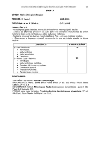 CENTRO FEDERAL DE EDUCAÇÃO TECNOLÓGICA DE PERNAMBUCO 37 
EMENTA 
CURSO: Técnico Integrado Regular 
PERÍODO: II (todos) ANO: 2006 
DISCIPLINA: Artes II (Música) CHT: 36 H/A 
COMPETÊNCIAS: 
- Realizar produções artísticas, individuais e/ou coletivas nas linguagens da arte. 
- Analisar os diferentes processos da Arte, com seus diferentes instrumentos de ordem material e ideal, como manifestações sócio-culturais e históricas. 
- Analisar e preservar as diversas manifestações de Arte – em suas múltiplas funções. 
- Desenvolver a linguagem musical compreendendo sua simbologia através da leitura musical. 
CONTEÚDOS 
CARGA HORÁRIA 
1 – Leitura musical: 
 Tonalidade. 
 Leitura rítmica. 
 Leitura melódica. 
 Dedilhado. 
2 – Flauta Doce – Técnica: 
 Introdução. 
 Leitura rítmica e melódica. 
 Canções folclóricas e populares. 
 Construção sonora. 
 Prática instrumental. 
 Apresentação musical 
16 
20 
BIBLIOGRAFIA: 
ABRAHÃO, Luiz Martins. Música e Comunicação. 
MASCARENHAS, Mário. Minha Doce Flauta Doce. 2ª Ed. São Paulo: Irmãos Nitale Editores. 2º vol. S.d. 
MONKEMEYER, Helmut. Método para flauta doce soprano. Curso Básico – parte I. São Paulo: Ed. Musicatia S/A. 
PRIOLLI, Maria Luiza de Matos. Princípios básicos da música para a juventude. 19ª ed. São Paulo: Casa Oliveira de Música Ltda. S. d. 
 