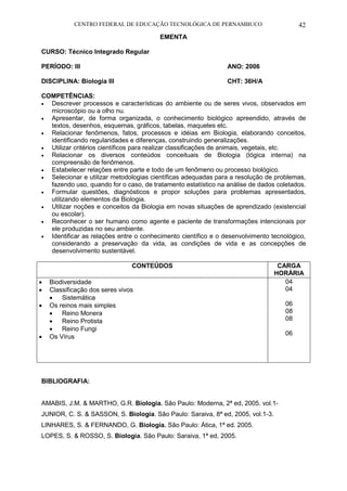CENTRO FEDERAL DE EDUCAÇÃO TECNOLÓGICA DE PERNAMBUCO 42 
EMENTA 
CURSO: Técnico Integrado Regular 
PERÍODO: III ANO: 2006 
DISCIPLINA: Biologia III CHT: 36H/A 
COMPETÊNCIAS: 
 Descrever processos e características do ambiente ou de seres vivos, observados em microscópio ou a olho nu. 
 Apresentar, de forma organizada, o conhecimento biológico apreendido, através de textos, desenhos, esquemas, gráficos, tabelas, maquetes etc. 
 Relacionar fenômenos, fatos, processos e idéias em Biologia, elaborando conceitos, identificando regularidades e diferenças, construindo generalizações. 
 Utilizar critérios científicos para realizar classificações de animais, vegetais, etc. 
 Relacionar os diversos conteúdos conceituais de Biologia (lógica interna) na compreensão de fenômenos. 
 Estabelecer relações entre parte e todo de um fenômeno ou processo biológico. 
 Selecionar e utilizar metodologias científicas adequadas para a resolução de problemas, fazendo uso, quando for o caso, de tratamento estatístico na análise de dados coletados. 
 Formular questões, diagnósticos e propor soluções para problemas apresentados, utilizando elementos da Biologia. 
 Utilizar noções e conceitos da Biologia em novas situações de aprendizado (existencial ou escolar). 
 Reconhecer o ser humano como agente e paciente de transformações intencionais por ele produzidas no seu ambiente. 
 Identificar as relações entre o conhecimento científico e o desenvolvimento tecnológico, considerando a preservação da vida, as condições de vida e as concepções de desenvolvimento sustentável. 
CONTEÚDOS 
CARGA HORÁRIA 
 Biodiversidade 
 Classificação dos seres vivos 
 Sistemática 
 Os reinos mais simples 
 Reino Monera 
 Reino Protista 
 Reino Fungi 
 Os Vírus 
04 
04 
06 
08 
08 
06 
BIBLIOGRAFIA: 
AMABIS, J.M. & MARTHO, G.R. Biologia. São Paulo: Moderna, 2ª ed, 2005. vol.1- 
JUNIOR, C. S. & SASSON, S. Biologia. São Paulo: Saraiva, 8ª ed, 2005, vol.1-3. 
LINHARES, S. & FERNANDO, G. Biologia. São Paulo: Ática, 1ª ed. 2005. 
LOPES, S. & ROSSO, S. Biologia. São Paulo: Saraiva, 1ª ed, 2005. 
 