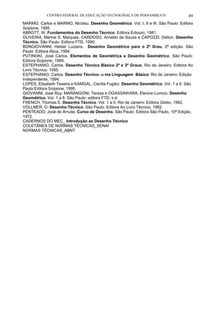 CENTRO FEDERAL DE EDUCAÇÃO TECNOLÓGICA DE PERNAMBUCO 49 
MARMO, Carlos e MARMO, Nicolau. Desenho Geométrico. Vol. I, II e III. São Paulo: Editora Scipione, 1995. 
ABBOTT, W. Fundamentos do Desenho Técnico. Editora Ediouro, 1981. 
OLIVEIRA, Marina S. Marques, CARDOSO, Arnaldo de Souza e CAPOZZI, Delton. Desenho Técnico. São Paulo: Editora FTD, 1990. 
BONGIOVANNI, Helder Luciano. Desenho Geométrico para o 2º Grau. 2ª edição. São Paulo: Editora Ática, 1994. 
PUTINOKI, José Carlos. Elementos de Geométrica e Desenho Geométrico. São Paulo: Editora Scipione, 1989. 
ESTEPHANIO, Carlos. Desenho Técnico Básico 2º e 3º Graus, Rio de Janeiro: Editora Ao Livro Técnico. 1995. 
ESTEPHANIO, Carlos. Desenho Técnico: u ma Linguagem Básica. Rio de Janeiro: Edição Independente, 1994. 
LOPES, Elisabeth Texeira e KAMGAL, Cecília Fugiko. Desenho Geométrico. Vol. 1 a 6. São Paulo:Editora Scipione, 1995. 
GIOVANNI, José Ruy; MARANGONI, Tereza e OGASSAWARA, Elenice Lumico. Desenho Geométrico. Vol. 1 a 8. São Paulo: editora FTD, s.d. 
FRENCH, Thomas E. Desenho Técnico. Vol. 1 a 5. Rio de Janeiro: Editora Globo, 1962. 
VOLLMER, D. Desenho Técnico. São Paulo: Editora Ao Livro Técnico, 1982. 
PENTEADO, José de Arruda, Curso de Desenho. São Paulo: Editora São Paulo, 10ª Edição, 1972. 
CADERNOS DO MEC_ Introdução ao Desenho Técnico 
COLETÂNEA DE NORMAS TÉCNICAS_SENAI 
NORMAS TÉCNICAS_ABNT. 
 