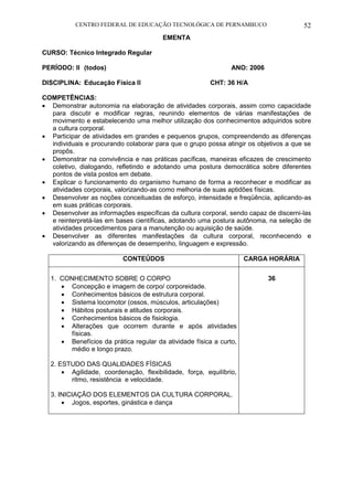 CENTRO FEDERAL DE EDUCAÇÃO TECNOLÓGICA DE PERNAMBUCO 52 
EMENTA 
CURSO: Técnico Integrado Regular 
PERÍODO: II (todos) ANO: 2006 
DISCIPLINA: Educação Física II CHT: 36 H/A 
COMPETÊNCIAS: 
 Demonstrar autonomia na elaboração de atividades corporais, assim como capacidade para discutir e modificar regras, reunindo elementos de várias manifestações de movimento e estabelecendo uma melhor utilização dos conhecimentos adquiridos sobre a cultura corporal. 
 Participar de atividades em grandes e pequenos grupos, compreendendo as diferenças individuais e procurando colaborar para que o grupo possa atingir os objetivos a que se propôs. 
 Demonstrar na convivência e nas práticas pacíficas, maneiras eficazes de crescimento coletivo, dialogando, refletindo e adotando uma postura democrática sobre diferentes pontos de vista postos em debate. 
 Explicar o funcionamento do organismo humano de forma a reconhecer e modificar as atividades corporais, valorizando-as como melhoria de suas aptidões físicas. 
 Desenvolver as noções conceituadas de esforço, intensidade e freqüência, aplicando-as em suas práticas corporais. 
 Desenvolver as informações específicas da cultura corporal, sendo capaz de discerni-las e reinterpretá-las em bases científicas, adotando uma postura autônoma, na seleção de atividades procedimentos para a manutenção ou aquisição de saúde. 
 Desenvolver as diferentes manifestações da cultura corporal, reconhecendo e valorizando as diferenças de desempenho, linguagem e expressão. 
CONTEÚDOS 
CARGA HORÁRIA 
1. CONHECIMENTO SOBRE O CORPO 
 Concepção e imagem de corpo/ corporeidade. 
 Conhecimentos básicos de estrutura corporal. 
 Sistema locomotor (ossos, músculos, articulações) 
 Hábitos posturais e atitudes corporais. 
 Conhecimentos básicos de fisiologia. 
 Alterações que ocorrem durante e após atividades físicas. 
 Benefícios da prática regular da atividade física a curto, médio e longo prazo. 
2. ESTUDO DAS QUALIDADES FÍSICAS 
 Agilidade, coordenação, flexibilidade, força, equilíbrio, ritmo, resistência e velocidade. 
3. INICIAÇÃO DOS ELEMENTOS DA CULTURA CORPORAL. 
 Jogos, esportes, ginástica e dança 
36 
 