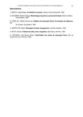 CENTRO FEDERAL DE EDUCAÇÃO TECNOLÓGICA DE PERNAMBUCO 53 
BIBLIOGRAFIA: 
1. BENTO, João Borges. O voleibol na escola. Lisboa, Livros Horizontes, 1987. 
2. ESCOBAR, Micheli Ortega. Metodologia esportiva e psicomotricidade. Recife, Editora 
Universitária, 1987. 
3. FARIA JR., Alfredo Gomes de. Didática de educação física: formulação de objetivos. Rio 
de Janeiro, Guanabara, 1987. 
4. HIPPOLYTE, Ralph. Strategies of team management. Londres, Epidote, 1994. 
5. MUTTI, Daniel. Futebol de salão, arte e segredos. São Paulo, Hermes, 1994. 
6. TAFFAREL, Celi Neuza Zulke. Criatividade nas aulas de educação física. Rio de Janeiro:Ao Livro Técnico, 1984. 
 