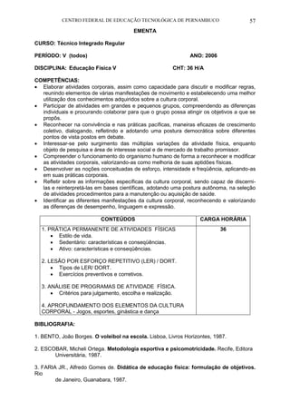 CENTRO FEDERAL DE EDUCAÇÃO TECNOLÓGICA DE PERNAMBUCO 57 
EMENTA 
CURSO: Técnico Integrado Regular 
PERÍODO: V (todos) ANO: 2006 
DISCIPLINA: Educação Física V CHT: 36 H/A 
COMPETÊNCIAS: 
 Elaborar atividades corporais, assim como capacidade para discutir e modificar regras, reunindo elementos de várias manifestações de movimento e estabelecendo uma melhor utilização dos conhecimentos adquiridos sobre a cultura corporal. 
 Participar de atividades em grandes e pequenos grupos, compreendendo as diferenças individuais e procurando colaborar para que o grupo possa atingir os objetivos a que se propôs. 
 Reconhecer na convivência e nas práticas pacíficas, maneiras eficazes de crescimento coletivo, dialogando, refletindo e adotando uma postura democrática sobre diferentes pontos de vista postos em debate. 
 Interessar-se pelo surgimento das múltiplas variações da atividade física, enquanto objeto de pesquisa e área de interesse social e de mercado de trabalho promissor. 
 Compreender o funcionamento do organismo humano de forma a reconhecer e modificar as atividades corporais, valorizando-as como melhoria de suas aptidões físicas. 
 Desenvolver as noções conceituadas de esforço, intensidade e freqüência, aplicando-as em suas práticas corporais. 
 Refletir sobre as informações específicas da cultura corporal, sendo capaz de discerni- las e reinterpretá-las em bases científicas, adotando uma postura autônoma, na seleção de atividades procedimentos para a manutenção ou aquisição de saúde. 
 Identificar as diferentes manifestações da cultura corporal, reconhecendo e valorizando as diferenças de desempenho, linguagem e expressão. 
CONTEÚDOS 
CARGA HORÁRIA 
1. PRÁTICA PERMANENTE DE ATIVIDADES FÍSICAS 
 Estilo de vida. 
 Sedentário: características e conseqüências. 
 Ativo: características e conseqüências. 
2. LESÃO POR ESFORÇO REPETITIVO (LER) / DORT. 
 Tipos de LER/ DORT. 
 Exercícios preventivos e corretivos. 
3. ANÁLISE DE PROGRAMAS DE ATIVIDADE FÍSICA. 
 Critérios para julgamento, escolha e realização. 
4. APROFUNDAMENTO DOS ELEMENTOS DA CULTURA CORPORAL - Jogos, esportes, ginástica e dança 
36 
BIBLIOGRAFIA: 
1. BENTO, João Borges. O voleibol na escola. Lisboa, Livros Horizontes, 1987. 
2. ESCOBAR, Micheli Ortega. Metodologia esportiva e psicomotricidade. Recife, Editora 
Universitária, 1987. 
3. FARIA JR., Alfredo Gomes de. Didática de educação física: formulação de objetivos. Rio 
de Janeiro, Guanabara, 1987.  