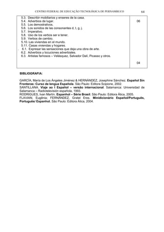 CENTRO FEDERAL DE EDUCAÇÃO TECNOLÓGICA DE PERNAMBUCO 64 
5.3. Describir mobiliarios y enseres de la casa. 
5.4. Adverbios de lugar. 
5.5. Los demostrativos. 
5.6. Los sonidos de las consonantes d, t, g, j. 
5.7. Imperativo. 
5.8. Uso de los verbos ser e tener. 
5.9. Verbos de cambio. 
5.10. Las viviendas en el mundo. 
5.11. Casas viviendas y hogares. 
. 6.1. Expresar las sensaciones que deja una obra de arte. 
6.2. Adverbios y locuciones adverbiales. 
6.3. Artistas famosos – Velásquez, Salvador Dalí, Picasso y otros. 
06 
04 
BIBLIOGRAFIA: 
GARCÍA, María de Los Ángeles Jiménez & HERNÁNDEZ, Josephine Sánchez. Español Sin Fronteras: Curso de lengua Española. São Paulo: Editora Scipione, 2002. 
SANTILLANA. Viaje ao l Español – versão internacional. Salamanca: Universidad de Salamanca – Radiotelevisión española, 1993. 
RODRIGUES, Ivan Martín. Espanhol – Série Brasil. São Paulo: Editora Ática, 2005. 
FLAVIAN, Eugênia; FERNÁNDEZ, Gratel Eres. Minidicionário Español/Português, Português/ Espanhol. São Paulo: Editora Ática, 2004. 
 