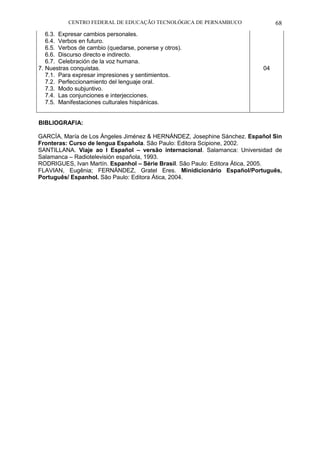 CENTRO FEDERAL DE EDUCAÇÃO TECNOLÓGICA DE PERNAMBUCO 68 
6.3. Expresar cambios personales. 
6.4. Verbos en futuro. 
6.5. Verbos de cambio (quedarse, ponerse y otros). 
6.6. Discurso directo e indirecto. 
6.7. Celebración de la voz humana. 
7. Nuestras conquistas. 
7.1. Para expresar impresiones y sentimientos. 
7.2. Perfeccionamiento del lenguaje oral. 
7.3. Modo subjuntivo. 
7.4. Las conjunciones e interjecciones. 
7.5. Manifestaciones culturales hispánicas. 
04 
BIBLIOGRAFIA: 
GARCÍA, María de Los Ángeles Jiménez & HERNÁNDEZ, Josephine Sánchez. Español Sin Fronteras: Curso de lengua Española. São Paulo: Editora Scipione, 2002. 
SANTILLANA. Viaje ao l Español – versão internacional. Salamanca: Universidad de Salamanca – Radiotelevisión española, 1993. 
RODRIGUES, Ivan Martín. Espanhol – Série Brasil. São Paulo: Editora Ática, 2005. 
FLAVIAN, Eugênia; FERNÁNDEZ, Gratel Eres. Minidicionário Español/Português, Português/ Espanhol. São Paulo: Editora Ática, 2004. 
 