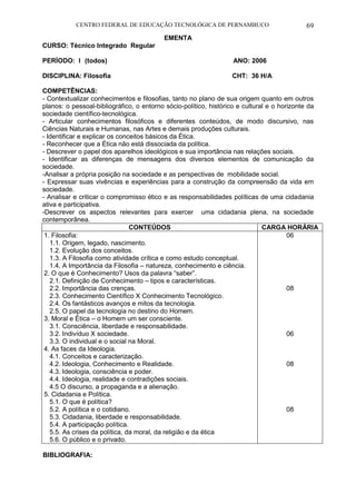 CENTRO FEDERAL DE EDUCAÇÃO TECNOLÓGICA DE PERNAMBUCO 69 
EMENTA 
CURSO: Técnico Integrado Regular 
PERÍODO: I (todos) ANO: 2006 
DISCIPLINA: Filosofia CHT: 36 H/A 
COMPETÊNCIAS: 
- Contextualizar conhecimentos e filosofias, tanto no plano de sua origem quanto em outros planos: o pessoal-bibliográfico, o entorno sócio-político, histórico e cultural e o horizonte da sociedade científico-tecnológica. 
- Articular conhecimentos filosóficos e diferentes conteúdos, de modo discursivo, nas Ciências Naturais e Humanas, nas Artes e demais produções culturais. 
- Identificar e explicar os conceitos básicos da Ética. 
- Reconhecer que a Ética não está dissociada da política. 
- Descrever o papel dos aparelhos ideológicos e sua importância nas relações sociais. 
- Identificar as diferenças de mensagens dos diversos elementos de comunicação da sociedade. 
-Analisar a própria posição na sociedade e as perspectivas de mobilidade social. 
- Expressar suas vivências e experiências para a construção da compreensão da vida em sociedade. 
- Analisar e criticar o compromisso ético e as responsabilidades políticas de uma cidadania ativa e participativa. 
-Descrever os aspectos relevantes para exercer uma cidadania plena, na sociedade contemporânea. 
CONTEÚDOS 
CARGA HORÁRIA 
1. Filosofia: 
1.1. Origem, legado, nascimento. 
1.2. Evolução dos conceitos. 
1.3. A Filosofia como atividade crítica e como estudo conceptual. 
1.4. A Importância da Filosofia – natureza, conhecimento e ciência. 
2. O que é Conhecimento? Usos da palavra “saber”. 
2.1. Definição de Conhecimento – tipos e características. 
2.2. Importância das crenças. 
2.3. Conhecimento Científico X Conhecimento Tecnológico. 
2.4. Os fantásticos avanços e mitos da tecnologia. 
2.5. O papel da tecnologia no destino do Homem. 
3. Moral e Ética – o Homem um ser consciente. 
3.1. Consciência, liberdade e responsabilidade. 
3.2. Indivíduo X sociedade. 
3.3. O individual e o social na Moral. 
4. As faces da Ideologia. 
4.1. Conceitos e caracterização. 
4.2. Ideologia, Conhecimento e Realidade. 
4.3. Ideologia, consciência e poder. 
4.4. Ideologia, realidade e contradições sociais. 
4.5 O discurso, a propaganda e a alienação. 
5. Cidadania e Política. 
5.1. O que é política? 
5.2. A política e o cotidiano. 
5.3. Cidadania, liberdade e responsabilidade. 
5.4. A participação política. 
5.5. As crises da política, da moral, da religião e da ética 
5.6. O público e o privado. 
06 
08 
06 
08 
08 
BIBLIOGRAFIA: 
 