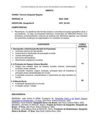 CENTRO FEDERAL DE EDUCAÇÃO TECNOLÓGICA DE PERNAMBUCO 73 
EMENTA 
CURSO: Técnico Integrado Regular 
PERÍODO: III ANO: 2006 
DISCIPLINA: Geografia III CHT: 36 H/A 
COMPETÊNCIAS: 
 Reconhecer, na aparência das formas visíveis e concretas do espaço geográfico atual, a sua essência , ou seja, os processos históricos, construídos em diferentes tempos, e os processos contemporâneos, conjunto de práticas dos diferentes agentes, que resultam em profundas mudanças na organização e no conteúdo do espaço. 
CONTEÚDOS 
CARGA HORÁRIA 
1. Demografia e Distribuição Mundial da População. 
 Conceitos básicos de demografia. 
 Crescimento e distribuição da população mundial. 
 Teorias demográficas. 
 Estruturas demográficas. 
 Movimentos migratórios mundiais. 
2. A Produção do Espaço Urbano Mundial. 
 Origem das cidades, tipos de cidades, funções urbanas, urbanização mundial e redes urbanas. 
 A atividade industrial: origem, evolução, principais tipos de indústrias e principais áreas industrializadas do mundo. 
 A atividade comercial: características e crescimento do setor terciário no mundo. 
3. O Mundo Rural. 
 A atividade agropecuária no mundo. 
 A relação campo / cidade. 
14 
14 
08 
BIBLIOGRAFIA: 
MOREIRA, João Carlos & SENE, Eustáquio de. Geografia Geral e do Brasil: Espaço Geográfico e Globalização – 2º Grau. São Paulo: Editora Scipione, 2002. 
MORAES, Paulo Roberto. Geografia Geral e do Brasil. São Paulo: Editora Habra, 2003. 
MAGNOLI, Demétrio & ARAÚJO, Regina. Projeto de Ensino de Geografia: Geografia do Brasil – 2º Grau. São Paulo: Editora Moderna, 2000. 
ALMEIDA, Lúcia Marina Alves & RIGOLIN, Tércio. Fronteiras da Globalização: Geografia Geral e do Brasil – 2º Grau. São Paulo: Editora Ática, 2004. 
 