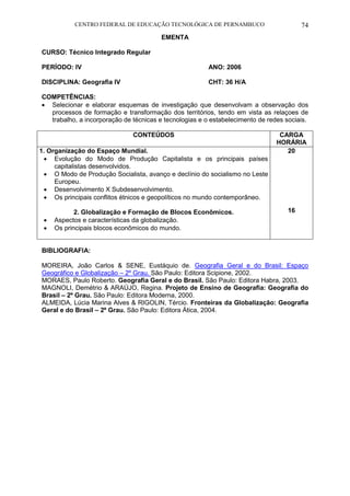 CENTRO FEDERAL DE EDUCAÇÃO TECNOLÓGICA DE PERNAMBUCO 74 
EMENTA 
CURSO: Técnico Integrado Regular 
PERÍODO: IV ANO: 2006 
DISCIPLINA: Geografia IV CHT: 36 H/A 
COMPETÊNCIAS: 
 Selecionar e elaborar esquemas de investigação que desenvolvam a observação dos processos de formação e transformação dos territórios, tendo em vista as relaçoes de trabalho, a incorporação de técnicas e tecnologias e o estabelecimento de redes sociais. 
CONTEÚDOS 
CARGA HORÁRIA 
1. Organização do Espaço Mundial. 
 Evolução do Modo de Produção Capitalista e os principais países capitalistas desenvolvidos. 
 O Modo de Produção Socialista, avanço e declínio do socialismo no Leste Europeu. 
 Desenvolvimento X Subdesenvolvimento. 
 Os principais conflitos étnicos e geopolíticos no mundo contemporâneo. 
2. Globalização e Formação de Blocos Econômicos. 
 Aspectos e características da globalização. 
 Os principais blocos econômicos do mundo. 
20 
16 
BIBLIOGRAFIA: 
MOREIRA, João Carlos & SENE, Eustáquio de. Geografia Geral e do Brasil: Espaço Geográfico e Globalização – 2º Grau. São Paulo: Editora Scipione, 2002. 
MORAES, Paulo Roberto. Geografia Geral e do Brasil. São Paulo: Editora Habra, 2003. 
MAGNOLI, Demétrio & ARAÚJO, Regina. Projeto de Ensino de Geografia: Geografia do Brasil – 2º Grau. São Paulo: Editora Moderna, 2000. 
ALMEIDA, Lúcia Marina Alves & RIGOLIN, Tércio. Fronteiras da Globalização: Geografia Geral e do Brasil – 2º Grau. São Paulo: Editora Ática, 2004. 
 