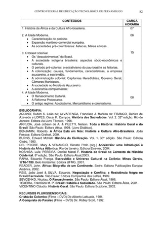 CENTRO FEDERAL DE EDUCAÇÃO TECNOLÓGICA DE PERNAMBUCO 82 
CONTEÚDOS 
CARGA HORÁRIA 
1. História da África e da Cultura Afro-brasileira. 
2. A Idade Moderna. 
 Caracterização do período. 
 Expansão marítimo-comercial européia. 
 As sociedades pré-colombianas: Astecas, Maias e Incas. 
3. O Brasil Colonial. 
 Os “descobrimentos” do Brasil. 
 A sociedade indígena brasileira: aspectos sócio-econômicos e culturais. 
 O período pré-colonial: o extrativismo do pau-brasil e as feitorias. 
 A colonização: causas, fundamentos, características, a empresa açucareira, a escravidão. 
 A administração colonial: Capitanias Hereditárias, Governo Geral, Câmaras Municipais. 
 A sociedade no Nordeste Açucareiro. 
 A economia complementar. 
4. A Idade Moderna. 
 O Renascimento Cultural. 
 A Reforma Protestante. 
 O antigo regime: Absolutismo, Mercantilismo e colonialismo. 
07 
06 
15 
08 
BIBLIOGRAFIA: 
AQUINO, Rubim S. Leão de; ALVARENGA, Francisco J. Moreira de; FRANCO, Denize de Azevedo e LOPES, Oscar P. Campos. História das Sociedades. Vol. 2. 32ª edição. Rio de Janeiro: Editora Ao Livro Técnico, 1996. 
ARRUDA, José Jobson de A. & PILETTI, Nelson. Toda a História: História Geral e do Brasil. São Paulo: Editora Ática, 1999. (Livro Didático). 
BENJAMIN, Roberto. A África Está em Nós: História e Cultura Afro-Brasileira. João Pessoa: Editora Grafset, 2004. 
BURNS, Edward McNall. História da Civilização. Vol. 1. 30ª edição. São Paulo: Editora Globo, 1980. 
DEL PRIORE, Mary & VENANCIO, Renato Pinto (org.) Ancestrais: uma Introdução à História da África Atlântica. Rio de Janeiro: Editora Elsevier, 2004. 
KOSHIBA, Luís; PEREIRA, Denise Manzi F. História do Brasil no Contexto da História Ocidental. 8ª edição. São Paulo: Editora Atual,2003. 
PAIVA, Eduardo França. Escravidão e Universo Cultural na Colônia: Minas Gerais, 1716-1789. Belo Horizonte: Editora UFMG, 2001. 
READER, John. África: Biografia de um Continente. Sintra: Editora Publicações Europa- América, 2002. 
REIS, João José & SILVA, Eduardo. Negociação e Conflito: a Resistência Negra no Brasil Escravista. São Paulo: Editora Companhia das Letras, 1999. 
SEVCENKO, Nicolau, O Renascimento. São Paulo: Editora Atual, 1986. 
TEXEIRA, Francisco M. P. Brasil: História e Sociedade. São Paulo: Editora Ática, 2001. 
VICENTINO Cláudio. História Geral. São Paulo: Editora Scipione, 2002. 
RECURSOS PLURISSENSORIAIS: 
Cristóvão Colombo (Filme – DVD) Dir.Alberto Lattuada, 1984. 
A Conquista do Paraíso (Filme – DVD) Dir. Ridley Scott, 1992.  