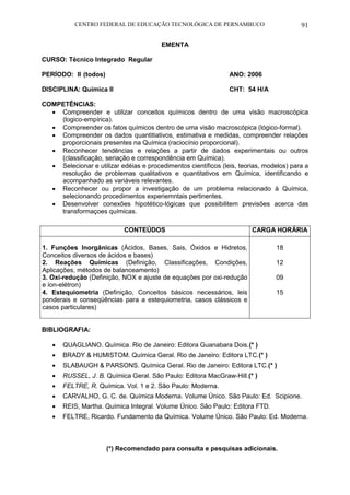 CENTRO FEDERAL DE EDUCAÇÃO TECNOLÓGICA DE PERNAMBUCO 91 
EMENTA 
CURSO: Técnico Integrado Regular 
PERÍODO: II (todos) ANO: 2006 
DISCIPLINA: Química II CHT: 54 H/A 
COMPETÊNCIAS: 
 Compreender e utilizar conceitos químicos dentro de uma visão macroscópica (logico-empírica). 
 Compreender os fatos químicos dentro de uma visão macroscópica (lógico-formal). 
 Compreender os dados quantitiativos, estimativa e medidas, compreender relações proporcionais presentes na Química (raciocínio proporcional). 
 Reconhecer tendências e relações a partir de dados experimentais ou outros (classificação, seriação e correspondência em Química). 
 Selecionar e utilizar edéias e procedimentos científicos (leis, teorias, modelos) para a resolução de problemas qualitativos e quantitativos em Química, identificando e acompanhado as variáveis relevantes. 
 Reconhecer ou propor a investigação de um problema relacionado à Química, selecionando procedimentos experiemntais pertinentes. 
 Desenvolver conexões hipotético-lógicas que possibilitem previsões acerca das transformaçoes químicas. 
CONTEÚDOS 
CARGA HORÁRIA 
1. Funções Inorgânicas (Ácidos, Bases, Sais, Óxidos e Hidretos, Conceitos diversos de ácidos e bases) 
2. Reações Químicas (Definição, Classificações, Condições, Aplicações, métodos de balanceamento) 
3. Oxi-redução (Definição, NOX e ajuste de equações por oxi-redução e íon-elétron) 
4. Estequiometria (Definição, Conceitos básicos necessários, leis ponderais e conseqüências para a estequiometria, casos clássicos e casos particulares) 
18 
12 
09 
15 
BIBLIOGRAFIA: 
 QUAGLIANO. Química. Rio de Janeiro: Editora Guanabara Dois.(* ) 
 BRADY & HUMISTOM. Química Geral. Rio de Janeiro: Editora LTC.(* ) 
 SLABAUGH & PARSONS. Química Geral. Rio de Janeiro: Editora LTC.(* ) 
 RUSSEL, J. B. Química Geral. São Paulo: Editora MacGraw-Hill.(* ) 
 FELTRE, R. Química. Vol. 1 e 2. São Paulo: Moderna. 
 CARVALHO, G. C. de. Química Moderna. Volume Único. São Paulo: Ed. Scipione. 
 REIS, Martha. Química Integral. Volume Único. São Paulo: Editora FTD. 
 FELTRE, Ricardo. Fundamento da Química. Volume Único. São Paulo: Ed. Moderna. 
(*) Recomendado para consulta e pesquisas adicionais. 
 