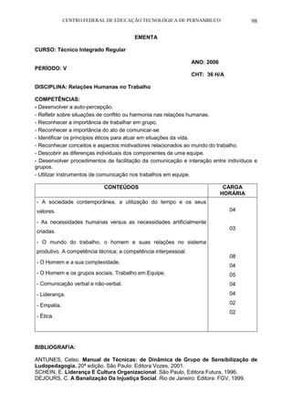 CENTRO FEDERAL DE EDUCAÇÃO TECNOLÓGICA DE PERNAMBUCO 98 
EMENTA 
CURSO: Técnico Integrado Regular 
ANO: 2006 
PERÍODO: V 
CHT: 36 H/A 
DISCIPLINA: Relações Humanas no Trabalho 
COMPETÊNCIAS: 
- Desenvolver a auto-percepção. 
- Refletir sobre situações de conflito ou harmonia nas relações humanas. 
- Reconhecer a importância de trabalhar em grupo. 
- Reconhecer a importância do ato de comunicar-se 
- Identificar os princípios éticos para atuar em situações da vida. 
- Reconhecer conceitos e aspectos motivadores relacionados ao mundo do trabalho. 
- Descobrir as diferenças individuais dos componentes de uma equipe. 
- Desenvolver procedimentos de facilitação da comunicação e interação entre indivíduos e grupos. 
- Utilizar instrumentos de comunicação nos trabalhos em equipe. 
CONTEÚDOS 
CARGA HORÁRIA 
- A sociedade contemporânea, a utilização do tempo e os seus valores. 
- As necessidades humanas versus as necessidades artificialmente criadas. 
- O mundo do trabalho, o homem e suas relações no sistema produtivo. A competência técnica; a competência interpessoal. 
- O Homem e a sua complexidade. 
- O Homem e os grupos sociais. Trabalho em Equipe. 
- Comunicação verbal e não-verbal. 
- Liderança. 
- Empatia. 
- Ética. 
04 
03 
08 
04 
05 
04 
04 
02 
02 
BIBLIOGRAFIA: 
ANTUNES, Celso. Manual de Técnicas: de Dinâmica de Grupo de Sensibilização de Ludopedagogia. 20ª edição. São Paulo: Editora Vozes, 2001. 
SCHEIN, E. Liderança E Cultura Organizacional. São Paulo, Editora Futura, 1996. 
DEJOURS, C. A Banalização Da Injustiça Social. Rio de Janeiro: Editora: FGV, 1999.  