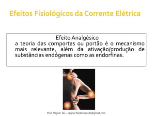 Efeito Analgésico
a teoria das comportas ou portão é o mecanismo
mais relevante, além da ativação/produção de
substâncias endógenas como as endorfinas.
Prof. Vagner Sá – vagner.fisioterapeuta@gmail.com
 