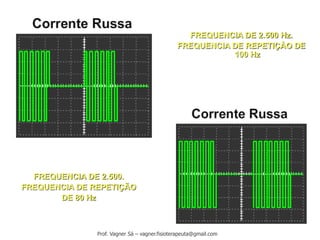 FREQUENCIA DE 2.500 Hz.
FREQUENCIA DE REPETIÇÀO DE
100 Hz
FREQUENCIA DE 2.500.
FREQUENCIA DE REPETIÇÃO
DE 80 Hz
Prof. Vagner Sá – vagner.fisioterapeuta@gmail.com
 