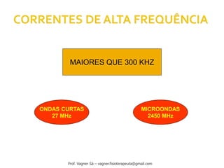MAIORES QUE 300 KHZ
ONDAS CURTAS
27 MHz
MICROONDAS
2450 MHz
Prof. Vagner Sá – vagner.fisioterapeuta@gmail.com
 