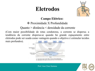 Eletrodos
Campo Elétrico:
❖ Proximidade X Profundidade
Quanto > distância < densidade da corrente
(Com maior possibilidade de rotas condutoras, a corrente se dispersa; a
tendência da corrente dispersa-se quando há grande espaçamento entre
eletrodos pode ser usada como vantagem quando o objetivo é estimular tecidos
mais profundos).
Prof. Ana Clara Santana
 