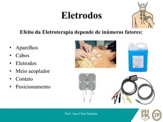 Eletrodos
Efeito da Eletroterapia depende de inúmeros fatores:
• Aparelhos
• Cabos
• Eletrodos
• Meio acoplador
• Contato
• Posicionamento
Prof. Ana Clara Santana
 
