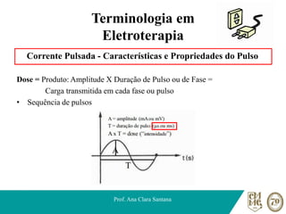 Terminologia em
Eletroterapia
Corrente Pulsada - Características e Propriedades do Pulso
Dose = Produto: Amplitude X Duração de Pulso ou de Fase =
Carga transmitida em cada fase ou pulso
• Sequência de pulsos
Prof. Ana Clara Santana
 