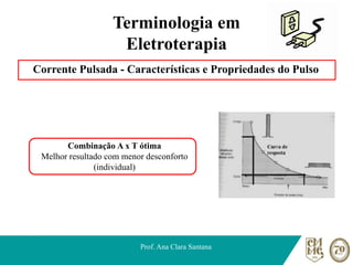 Terminologia em
Eletroterapia
Corrente Pulsada - Características e Propriedades do Pulso
Prof. Ana Clara Santana
Combinação A x T ótima
Melhor resultado com menor desconforto
(individual)
 