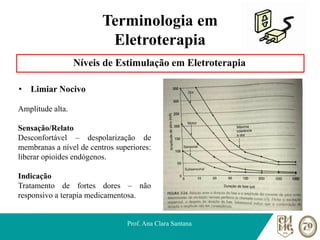 Terminologia em
Eletroterapia
Níveis de Estimulação em Eletroterapia
• Limiar Nocivo
Prof. Ana Clara Santana
Amplitude alta.
Sensação/Relato
Desconfortável – despolarização de
membranas a nível de centros superiores:
liberar opioides endógenos.
Indicação
Tratamento de fortes dores – não
responsivo a terapia medicamentosa.
 