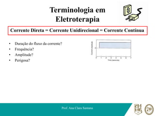 Terminologia em
Eletroterapia
Corrente Direta = Corrente Unidirecional = Corrente Contínua
• Duração do fluxo da corrente?
• Frequência?
• Amplitude?
• Perigosa?
Prof. Ana Clara Santana
 