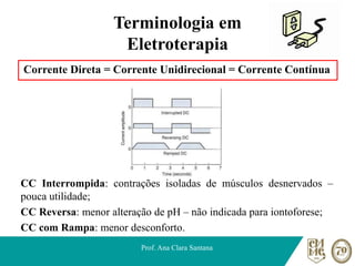 Terminologia em
Eletroterapia
Corrente Direta = Corrente Unidirecional = Corrente Contínua
CC Interrompida: contrações isoladas de músculos desnervados –
pouca utilidade;
CC Reversa: menor alteração de pH – não indicada para iontoforese;
CC com Rampa: menor desconforto.
Prof. Ana Clara Santana
 