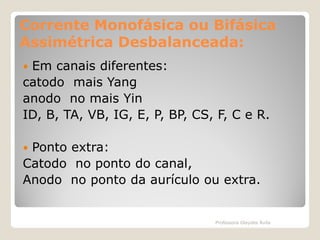 Corrente Monofásica ou Bifásica
Assimétrica Desbalanceada:
Em canais diferentes:
catodo mais Yang
anodo no mais Yin
ID, B, TA, VB, IG, E, P, BP, CS, F, C e R.


Ponto extra:
Catodo no ponto do canal,
Anodo no ponto da aurículo ou extra.


Professora Glaydes Ávila

 