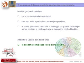 Il panorama intorno a noi sta cambiando velocemente 
e allora, prima di chiederci 
 chi e come rastrella i nostri dati, 
 che uso (utile o pericoloso per noi) ne può fare, 
 e come possiamo utilizzare i vantaggi di queste tecnologie 
senza perdere la nostra privacy (e dunque la nostra libertà)... 
andiamo a vedere per grandi linee 
 lo scenario complesso in cui ci muoviamo... 
Valerio Eletti :: Big Data, Big Brother, Big Gossip. Che ne sarà della privacy? Trento, 25 ottobre 2014 
 