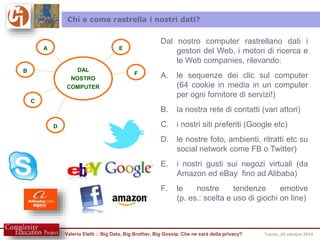 Chi e come rastrella i nostri dati? 
DAL 
NOSTRO 
COMPUTER 
F 
E 
Valerio Eletti :: Big Data, Big Brother, Big Gossip. Che ne sarà della privacy? Trento, 25 ottobre 2014 
D 
C 
B 
A 
Dal nostro computer rastrellano dati i 
gestori del Web, i motori di ricerca e 
le Web companies, rilevando: 
A. le sequenze dei clic sul computer 
(64 cookie in media in un computer 
per ogni fornitore di servizi!) 
B. la nostra rete di contatti (vari attori) 
C. i nostri siti preferiti (Google etc) 
D. le nostre foto, ambienti, ritratti etc su 
social network come FB o Twitter) 
E. i nostri gusti sui negozi virtuali (da 
Amazon ed eBay fino ad Alibaba) 
F. le nostre tendenze emotive 
(p. es.: scelta e uso di giochi on line) 
 