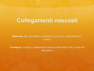 Collegamenti nascosti
Materiale: pila, filo elettrico, lampadina, cartoncino, carta alluminio,
scotch.
Consegna: scoprire i collegamenti nascosti utilizzando il filo, la pila e la
lampadina.
 