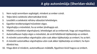 1. Nem nyújt semmilyen segítségét, mindent az ember csinál.
2. Teljes körű cselekvési alternatívákat kínál.
3. Leszűkíti a cselekvést néhány választási lehetőségre.
4. Egyetlen tevékenységet/műveletet végez.
5. Végrehajtja a műveletet, ha az ember jóváhagyja azt.
6. Mielőtt a műveletet végrehajtaná, lehetőséget ad az embernek, hogy azt megvétózza.
7. Automatikusan hajtja végre a műveletet, de erről feltétlenül tájékoztatja az embert.
8. A művelet automatikus végrehajtás után csak akkor tájékoztatja az embert, ha az kéri.
9. A művelet automatikus végrehajtása után csak akkor tájékoztatja az embert, ha ilyen
döntést hoz.
10. Maga dönt el mindent, automatikusan működik, figyelmen kívül hagyva az embert.
A gép autonómiája (Sheridan-skála)
 