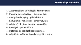 1. Automatizált és valós idejű adatfeldolgozás
2. Proaktív karbantartás és hibamegelőzés
3. Energiahatékonyság optimalizálása
4. Kényelem és felhasználói élmény javítása
5. Adatvezérelt döntéshozatal támogatása
6. Költségek optimalizálása
7. Biztonság és kockázatkezelés javítása
8. Adaptív és skálázható rendszerek létrehozása
Létesítményüzemeltetés
 