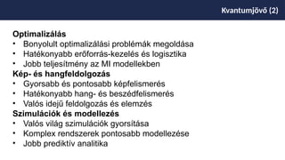 Kvantumjövő (2)
Optimalizálás
• Bonyolult optimalizálási problémák megoldása
• Hatékonyabb erőforrás-kezelés és logisztika
• Jobb teljesítmény az MI modellekben
Kép- és hangfeldolgozás
• Gyorsabb és pontosabb képfelismerés
• Hatékonyabb hang- és beszédfelismerés
• Valós idejű feldolgozás és elemzés
Szimulációk és modellezés
• Valós világ szimulációk gyorsítása
• Komplex rendszerek pontosabb modellezése
• Jobb prediktív analitika
 