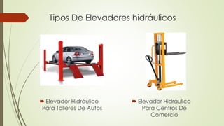  Elevador Hidráulico
Para Talleres De Autos
 Elevador Hidráulico
Para Centros De
Comercio
Tipos De Elevadores hidráulicos
 