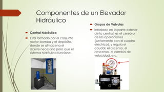 Componentes de un Elevador
Hidráulico
 Central hidráulica
 Está formado por el conjunto
motor-bomba y el depósito,
donde se almacena el
aceite necesario para que el
sistema hidráulico funcione.
 Grupos de Valvulas
 Instalado en la parte exterior
de la central, es el cerebro
de las operaciones
(juntamente con el cuadro
eléctrico), y regula el
caudal, el ascenso, el
descenso, el cambio de
velocidad, etc.
 