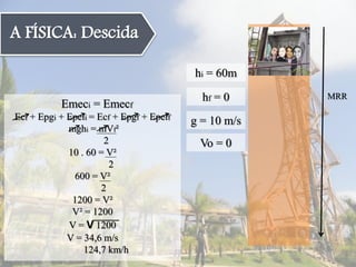 ‘A FÍSICA: Descida
MRR
Emeci = Emecf
Eci + Epgi + Epeli = Ecf + Epgf + Epelf
mghi = mVf²
2
10 . 60 = V²
2
600 = V²
2
1200 = V²
V² = 1200
V = V 1200
V = 34,6 m/s
124,7 km/h
hi = 60m
Vo = 0
g = 10 m/s
hf = 0
 