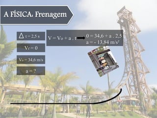 A FÍSICA: Frenagem
t = 2,5 s
Vf = 0
Vo = 34,6 m/s
a = ?
V = Vo + a . t 0 = 34,6 + a . 2,5
a = - 13,84 m/s²
 
