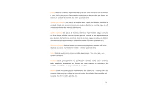 19
Curso de
Pedreiro
Ladrilho de Cimento: São placas de material feito a base de cimento, resistente a
umidade. Usado em revestimento de pisos laváveis (banheiro, cozinha, copa, etc.) A
unidade de medida é o metro quadrado (m²).
Madeira:Usado na construção do madeiramento das coberturas e nasesquadrias de
madeira. Deve estar seca e livre de brocas e fendas. No telhado: Maçaranduba, ipê,
sucupira, etc.; forro: cedro, peroba, etc.
Saibro:Material usado como componente das argamassas. É rico em argila e tem a
aparência de barro.
Azulejo:Material cerâmico impermeável à água com uma das faces lisas e vidradas
e outra rústica ou porosa. Destina-se ao revestimento de paredes que devam ser
laváveis. A unidade de medida é o metro quadrado (m²).
Ladrilho Cerâmico:São placas de materiais cerâmicos impermeáveis à água com uma
das faces lisas e vidradas e outra rústica ou porosa. Destina- se aos revestimentos de
pisos laváveis dos banheiros, cozinhas, áreas de serviços, copas, varandas, etc. Existem
com diversos tipos e dimensões. A unidade de medida é o metro quadrado (m²).
Porcelana:Usada principalmente na aparelhagem sanitária como vasos sanitários,
bidês, lavatórios, lavanderias, etc. Existem em cores brancas ou coloridas e são
vendidos em unidades ou ojogo completo de aparelhos.
Mármore e Granito:Material usado em revestimento de pisos e paredes sob forma
de placas ou cacos. A unidade de medida é o metro quadrado (m²).
 
