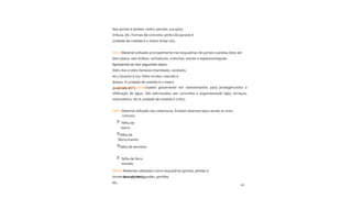 Curso de
Pedreiro
20
Telha:
Metais
:
Apresenta-se nos seguintes tipos:
Vidro liso e vidro fantasia (martelado, canelado,
etc.) Quanto à cor: Vidro incolor, colorido e
leitoso. A unidade de medida é o metro
quadrado (m²).
Telha de
barro
Telha de alumínio
Telha de
fibrocimento
Telha de ferro
zincado
Nas portas e janelas: cedro, peroba, sucupira,
imbuia, etc. Formas de concreto: pinho-do-paraná A
unidade de medida é o metro linear (m).
Material utilizado nas coberturas. Existem diversos tipos sendo os mais
comuns:
Materiais utilizados como esquadrias (portas, janelas e
basculantes),grades, portões,
torneiras e registros,
etc.
Vidro:Material utilizado principalmente nas esquadrias de portas e janelas.Deve ser
bem plano, sem bolhas, rachaduras, manchas, estrias e espessuraregular.
Impermeabilizantes:Usados geralmente em revestimentos para protegercontra a
infiltração de água. São adicionados aos concretos e argamassasde lajes, terraços,
reservatório, etc.A unidade de medida é o litro.




 