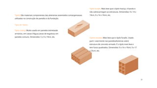 Curso de
Pedreiro
Tijolo furado: Mais leve que o tijolo maciço, é barato e
não sobrecarregam as estruturas. Dimensões: 9 x 14 x
19cm, 9 x 14 x 19cm, etc.
Tijolos vazados:Mais leve que o tijolo furado. Usado
parti- cularmente nas paredesdivisórias sobre
estrutura de concreto armado. É o tijolo mais leve e
tem furos quadrados. Dimensões: 9 x 14 x 19cm, 9 x 17
x 25cm, etc.
Tijolo maciço:Muito usado em paredes estreitasde
armários, em caixas d'água,caixas de esgotoou em
paredes comuns. Dimensões: 5 x 9 x 19cm, etc.
Tijolos:São materiais componentes das alvenarias assentados comargamassas
utilizadas na construção de paredes e da fundação.
Tipos de Tijolos:
21
 