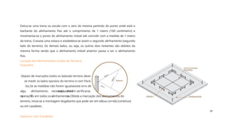 29
Curso de
Pedreiro
Depois de marcados todos os ladosdo terreno deve-
se medir os lados opostos do terreno e com Pará-
los.Se as medidas não forem iguaisexiste erro de
esquadro em verificaras
algu
m
alinhamento.
É
necessári
o
entã
o
operações em todos os alinhamentos.Obtida a marcação dos alinhamentos do
terreno, inicia-se a montagem dogabarito que pode ser em tábua corrida (contínuo)
ou em cavaletes.
Estica-se uma trena ou escala com o zero da mesma partindo do ponto onde está o
barbante do alinhamento fixo até o comprimento de 1 metro (100 centímetro) e
movimenta-se o ponto do alinhamento móvel até coincidir com a medida de 1 metro
da trena. Cravase uma estaca e estabelece-se assim o segundo alinhamento (segundo
lado do terreno). Os demais lados, ou seja, os outros dois restantes são obtidos da
mesma forma sendo que o alinhamento móvel anterior passa a ser o alinhamento
fixo.
Locação dos Alinhamentos (Lados do Terreno)
Esquadro
Gabarito com Cavaletes
 