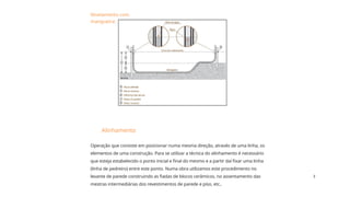 3
Nivelamento com
mangueira:
Alinhamento
Operação que consiste em posicionar numa mesma direção, através de uma linha, os
elementos de uma construção. Para se utilizar a técnica do alinhamento é necessário
que esteja estabelecido o ponto inicial e final do mesmo e a partir daí fixar uma linha
(linha de pedreiro) entre este ponto. Numa obra utilizamos este procedimento no
levante de parede construindo as fiadas de blocos cerâmicos, no assentamento das
mestras intermediárias dos revestimentos de parede e piso, etc..
 