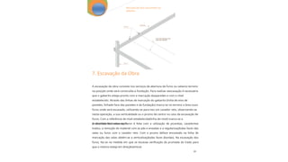 33
Marcação das faces das paredes nos
gabaritos
7. Escavação da Obra
A escavação da obra consiste nos serviços de abertura de furos ou valasno terreno
na posição onde será construída a fundação. Para realizar aescavação é necessário
que o gabarito esteja pronto com a marcação dasparedes e com o nível
estabelecido. Através das linhas de marcação do gabarito (linha de eixo de
paredes, linhade face das paredes e da fundação) marca-se no terreno a área ouos
furos onde será escavado, utilizando-se para isto um cavador reto, observando-se
nesta operação, a sua verticalidade ou o prumo de centro no caso da escavação de
furos. Com a referência de nível estabelecida(linha de nível) marca-se a
profundidade da escavação.
A abertura das valas ou furos é feita com a utilização de picaretas, cavadorese
trados, a remoção do material com as pás e enxadas e a regularizaçãodas faces das
valas ou furos com o cavador reto. Com o prumo deface encostado na linha de
marcação das valas obtém-se a verticalizaçãodas faces (bordas). Na escavação dos
furos, faz-se na medida em que se escavaa verificação da prumada do trado para
que o mesmo esteja em direçãovertical.
 