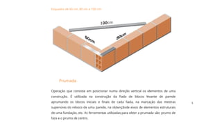 5
Esquadro de 60 cm, 80 cm e 100 cm:
Prumada
Operação que consiste em posicionar numa direção vertical os elementos de uma
construção. É utilizada na construção da fiada de blocos levante de parede
aprumando os blocos iniciais e finais de cada fiada, na marcação das mestras
superiores do reboco de uma parede, na obtençãode eixos de elementos estruturais
de uma fundação, etc. As ferramentas utilizadas para obter a prumada são: prumo de
face e o prumo de centro.
 