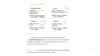 6
Unidades de Medida
Cálculo da Área:
Cálculo do Volume:O cálculo do volume é obtido pelo produto (multiplicação)
de três dimensões(comprimento x largura x altura).
O cálculo da área é obtido pelo produto (multiplicação) de duas
dimensões(comprimento
x largura). Ex.: Para calcularmos a área de um quarto com as dimensões de 4
metrosde comprimento e 3 metros de largura fazemos: A (m²) área = 4m
(comprimento) x 3m (largura). A= 12 m²
 