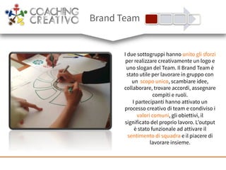 I due sottogruppi hanno unito gli sforzi
per realizzare creativamente un logo e
uno slogan del Team. Il Brand Team è
stato utile per lavorare in gruppo con
un scopo unico, scambiare idee,
collaborare, trovare accordi, assegnare
compiti e ruoli.
I partecipanti hanno attivato un
processo creativo di team e condiviso i
valori comuni, gli obiettivi, il
significato del proprio lavoro. L’output
è stato funzionale ad attivare il
sentimento di squadra e il piacere di
lavorare insieme.
Brand Team
 
