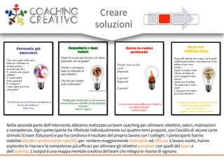 Nella seconda parte dell’intervento abbiamo realizzato un team coaching per allineare: obiettivi, valori, motivazioni
e competenze. Ogni partecipante ha riflettuto individualmente sui quattro temi proposti, con l’ausilio di alcune carte
stimolo (Creare Soluzioni) e poi ha condiviso il risultato del proprio lavoro con i colleghi. I partecipanti hanno
stabilito obiettivi professionali specifici per rendere maggiormente motivante ed eﬀicace il lavoro svolto, hanno
esplorato le risorse e le competenze più eﬀicaci per allineare gli obiettivi personali con quelli del team e
dell’azienda. L’output è una mappa mentale creativa del team che integra le risorse di ognuno.
Creare
soluzioni
 