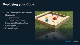 • 75% Coverage for Production
• Develop in:
• Sandboxes
• Developer Editions
• Force.com Migration Tool
• Force.com CLI
• Eclipse Plugin
Deploying your Code
 