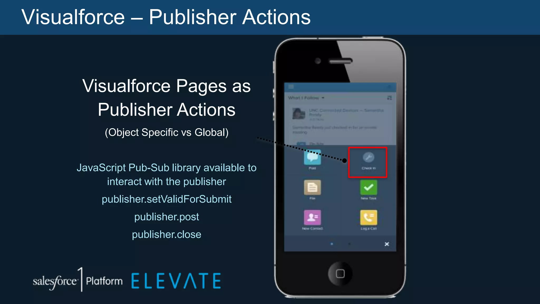 Visualforce – Publisher Actions
Visualforce Pages as
Publisher Actions
(Object Specific vs Global)
JavaScript Pub-Sub library available to
interact with the publisher
publisher.setValidForSubmit
publisher.post
publisher.close
 
