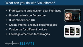 What can you do with Visualforce?
 Framework to build custom user interfaces
 Hosted natively on Force.com
 Build streamlined UX
 Create internal and public facing pages
 Customize for different devices
 Leverage other web technologies
 