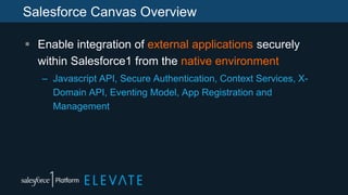 Salesforce Canvas Overview
 Enable integration of external applications securely
within Salesforce1 from the native environment
– Javascript API, Secure Authentication, Context Services, X-
Domain API, Eventing Model, App Registration and
Management
 